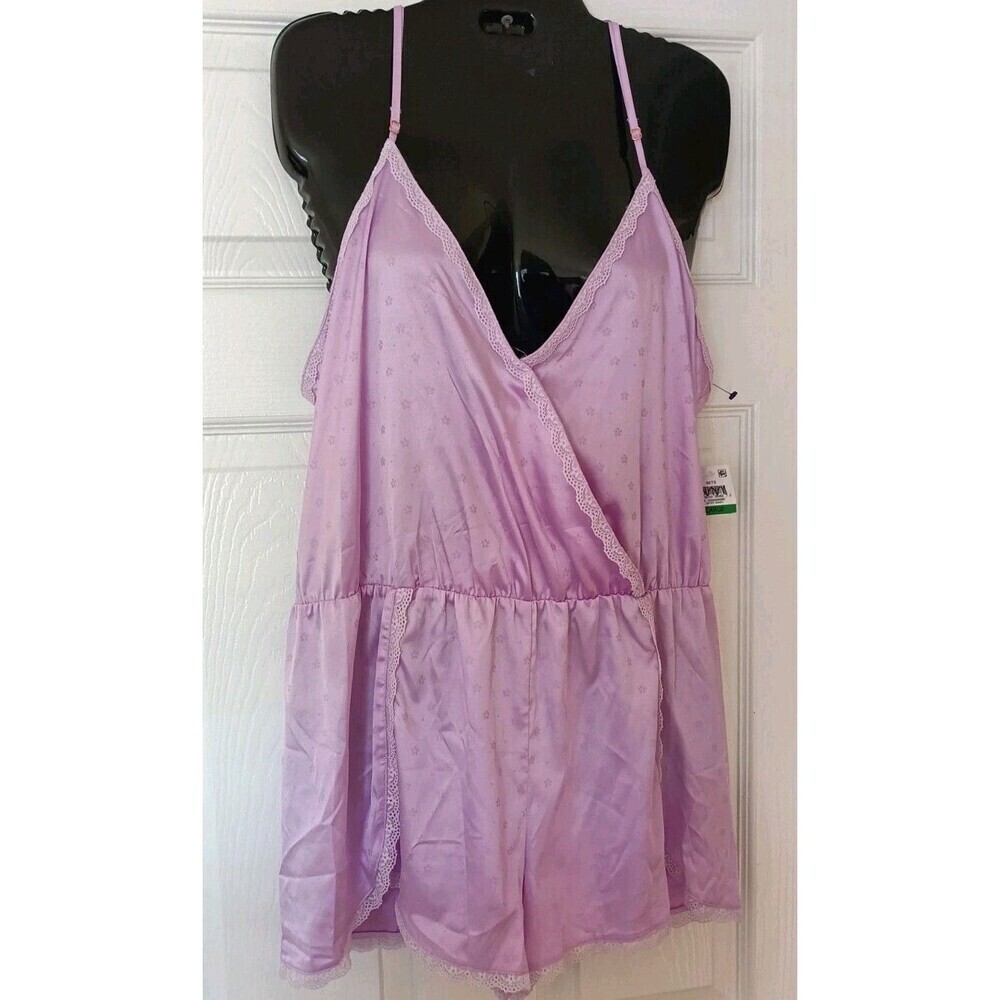 Inc International Concepts Pajama Romper Large Satin Lace Trim Jacquard Purple